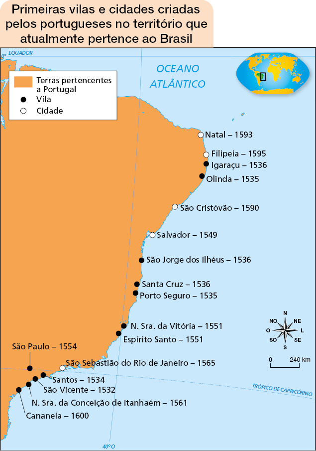 Imagem: Mapa. Primeiras vilas e cidades criadas pelos portugueses no território que atualmente pertence ao Brasil. No canto superior direito, o planisfério terrestre com destaque para América do Sul. O mapa apresenta linhas imaginárias, oceano Atlântico e a parte centro-leste do território brasileiro, com terras pertentes a Portugal. Na costa, há o destaque de cidade e vilas. As cidades do litoral norte ao sul: Natal – 1593; Filipeia – 1595; São Cristóvão – 1590; Salvador – 1549; São Sebastião do Rio de Janeiro – 1565. As vilas do litoral norte ao sul: Igaraçu – 1536; Olinda – 1535; São Jorge dos Ilhéus – 1536; Santa Cruz – 1536; Porto Seguro – 1535; N. Sra. da Vitória – 1551; Espírito Santo – 1551; Santos – 1534; São Vicente – 1532; N. Sra. da Conceição de Itanhaém – 1561; Cananeia – 1600. No interior da região Sudeste: vila de São Paulo – 1554. Do lado direito, a rosa dos ventos e a escala: 240 km.  Fim da imagem.