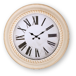 Imagem: Fotografia. Um relógio analógico redondo que apresenta as horas em números romanos, de I ao XII, e o ponteiro menor em X e o maior em II. Fim da imagem.