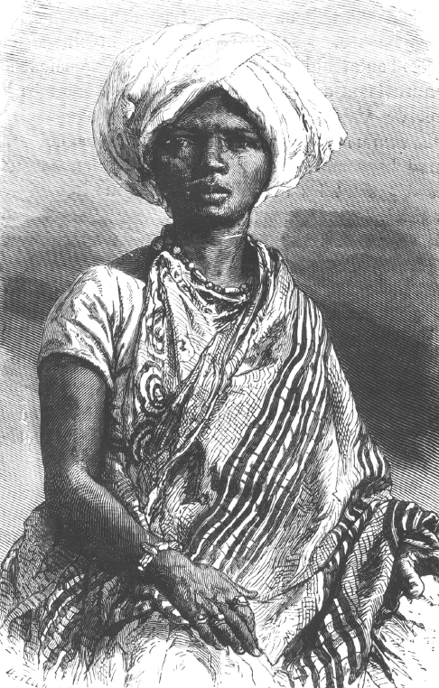 Imagem: Pintura em preto e branco. Uma mulher negra sentada com um tecido estampado sobreposto à roupa. Ela usa adorno no pulso e no pescoço e um turbante com pano claro na cabeça. Fim da imagem.