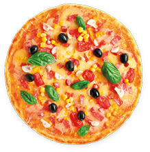 Imagem: Fotografia. Uma pizza assada com ingredientes como azeitona, manjericão e milho. Fim da imagem.