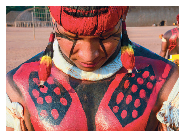 Imagem: Fotografia. Um homem indígena está com a cabeça baixa, tem parte do cabelo pintado de vermelho, o rosto pintado com linhas pretas e o tórax com pinturas das duas cores. Usa adereço de linhas nas orelhas, pescoço e braços.  Fim da imagem.
