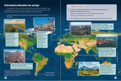 Imagem: Ilustração. Exemplifica como será a seção Infográfico. Página dupla composta por textos e imagens. Fim da imagem.