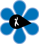 Imagem: Ilustração de uma flor com seis pétalas azuis e um miolo preto em formato de gota, onde há a silhueta em branco de uma pessoa com o braço levantado. Fim da imagem.