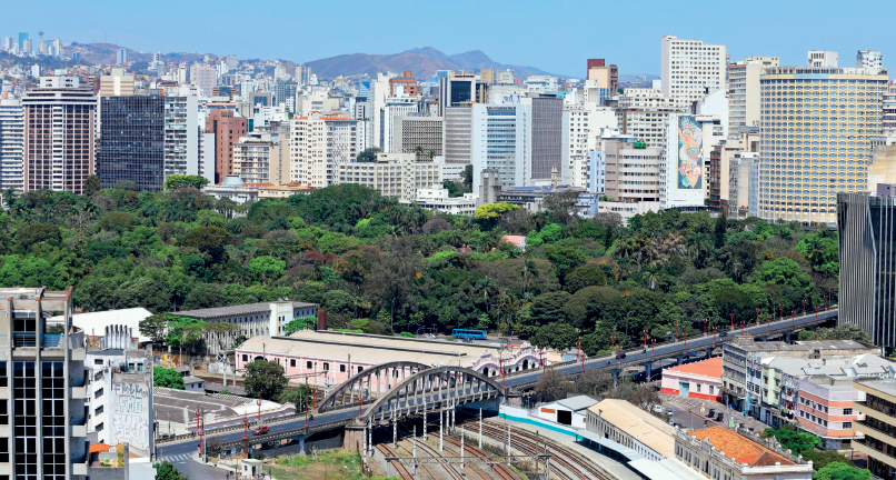 Imagem: Fotografia. Paisagem urbana que apresenta um viaduto sobre trilhos, muitas árvores ao fundo e edifícios que tomam o horizonte.  Fim da imagem.