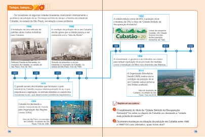 Imagem: Ilustração. Exemplifica como será a seção Tempo, tempo. Página dupla composta por textos e imagens. Fim da imagem.