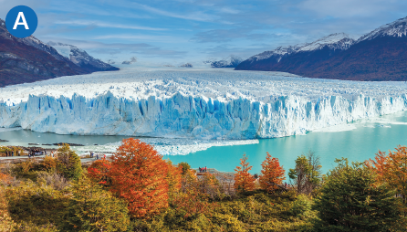 Imagem: A. Fotografia. Paisagem composta por vegetação, lago, geleira e montanhas com neve. Fim da imagem.