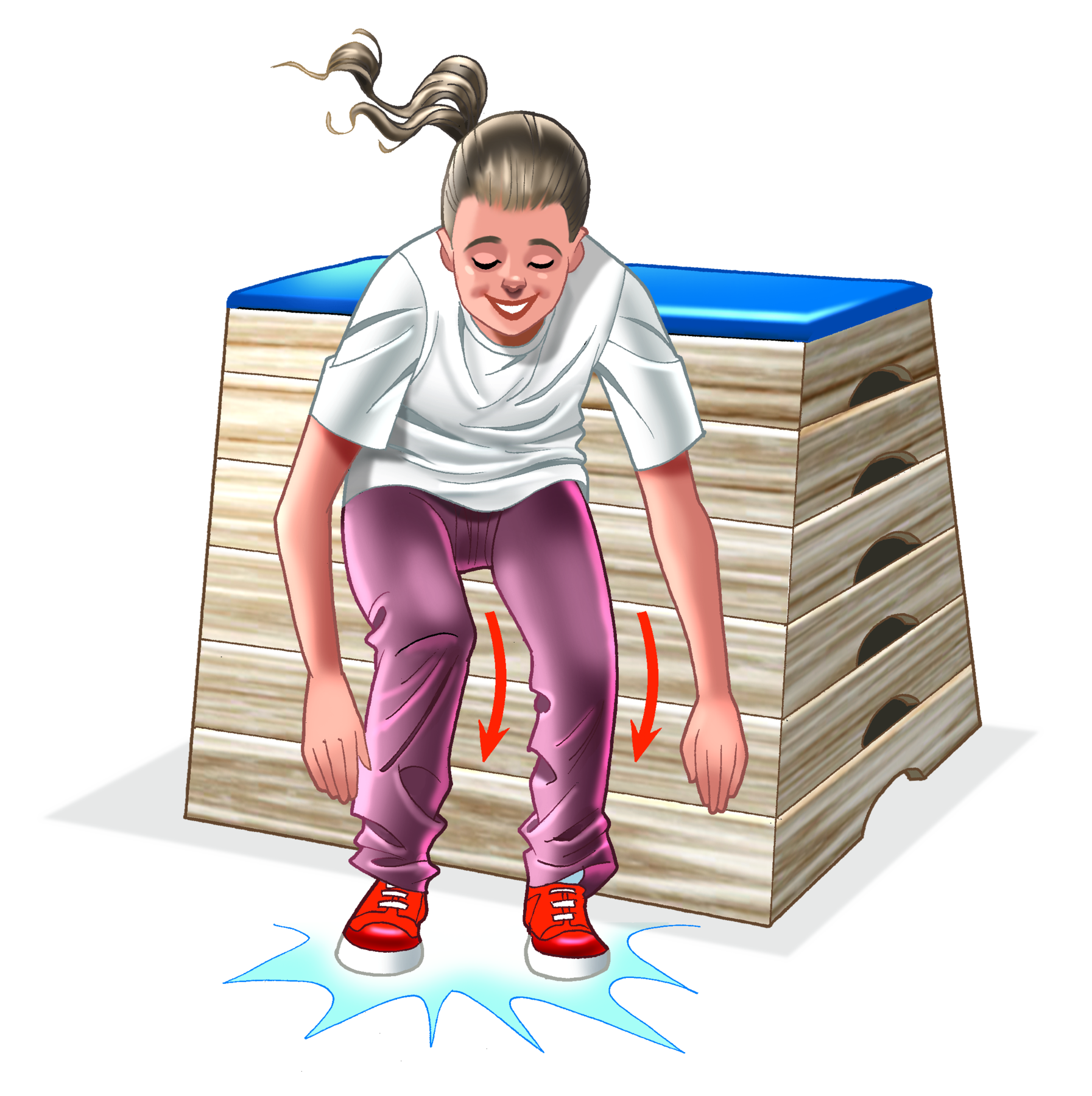 Ilustração. Menina de camiseta branca, calça marrom e tênis. Ela está aterrissando no chão, depois de ter saltado de um plinto, apoiando os dois pés no chão, com os joelhos flexionados e o corpo inclinado para a frente. Setas indicam o movimento dos joelhos flexionados.