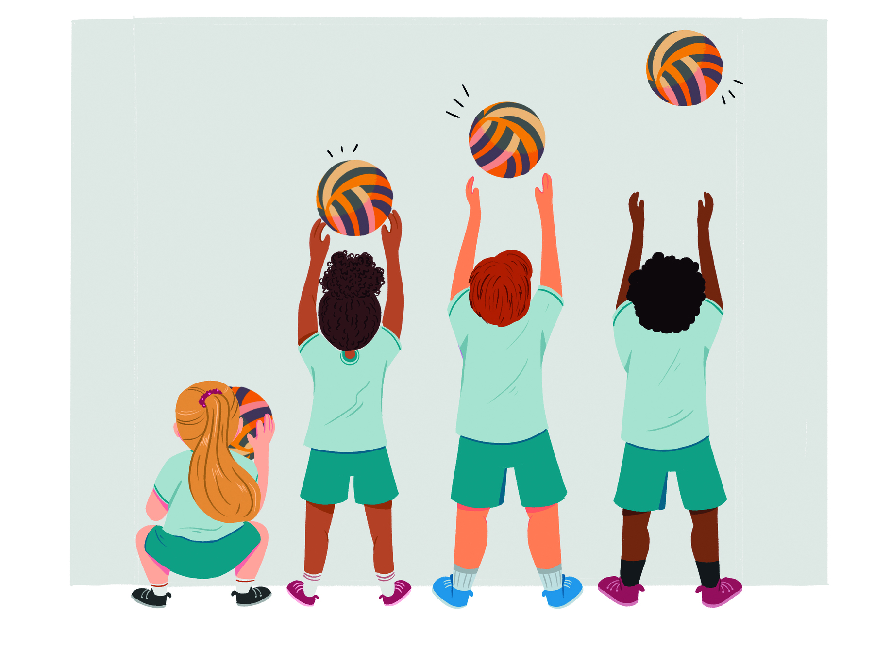 Ilustração. Quatro crianças de uniforme azul-claro e verde-escuro, de costas. À esquerda, uma menina, agachada, segura uma bola com a mão direita. A menina e os dois meninos ao lado, em pé, lançam uma bola para cima. A cada lançamento, a altura que a bola atinge vai aumentando.