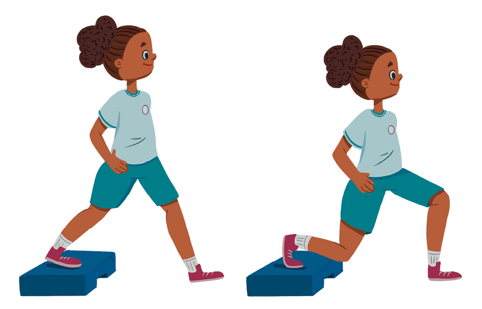 Ilustração. Menina de uniforme azul-claro e verde-escuro em 2 movimentos. Ela está com a perna direita sobre o step, com o joelho flexionado, e a perna esquerda semiflexionada.