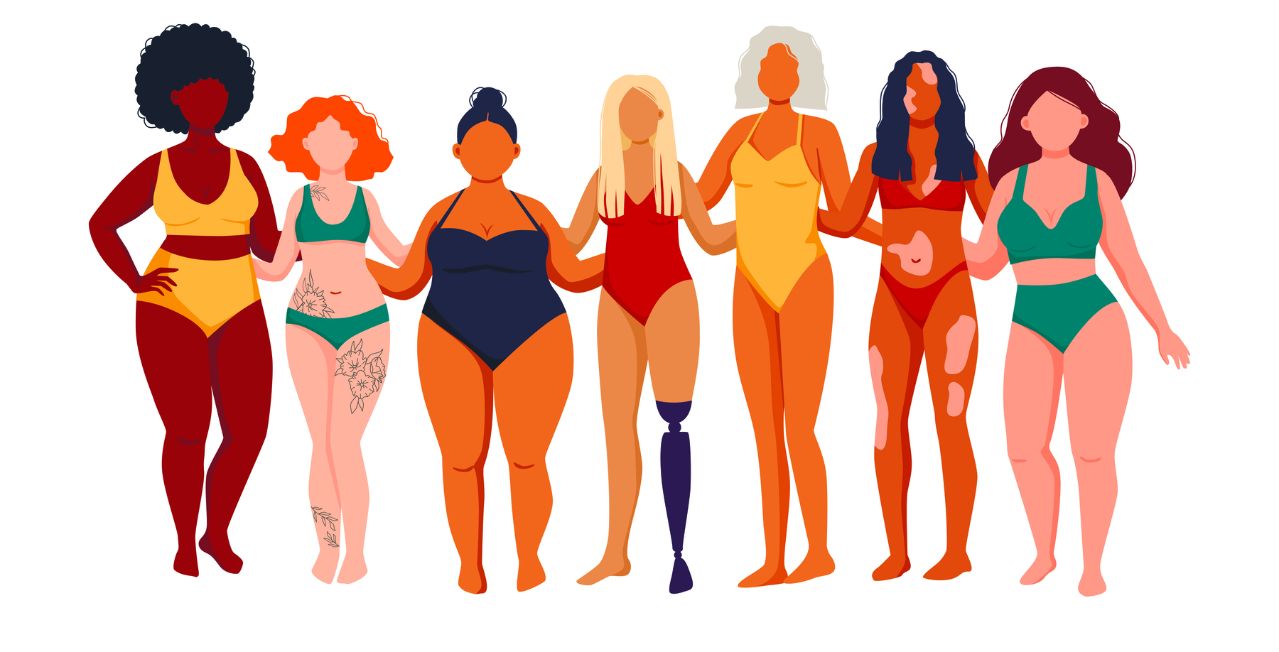 Ilustração. Diversas mulheres, de maiô ou biquíni, expondo corpos diferentes: magro ou com sobrepeso, alto ou baixo, com vitiligo, com tatuagens, com prótese em uma das pernas.