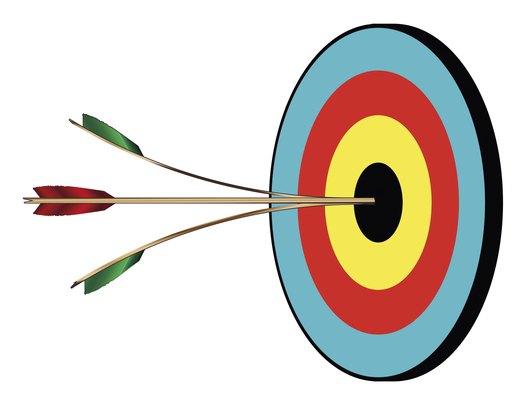 Ilustração. Painel circular com diversos círculos dentro, com cores variadas. De fora para dentro: verde, vermelho, amarelo e preto. No círculo central há duas flechas verdes e entre elas, uma flecha vermelha.