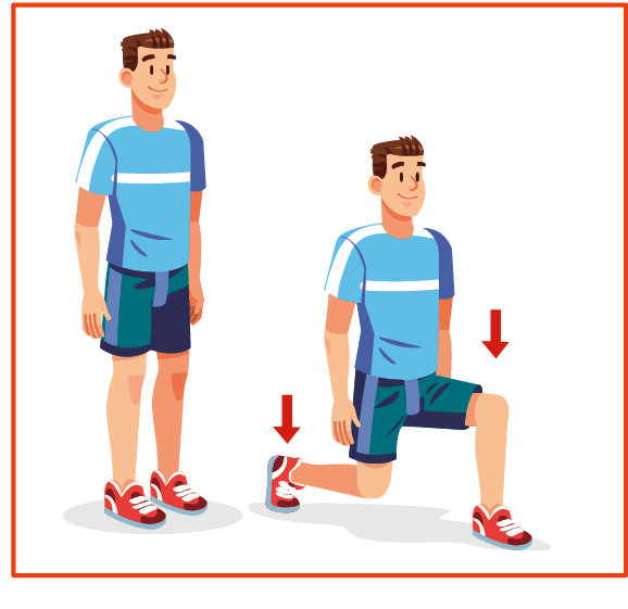 ILUSTRAÇÃO. Exercício A: Homem usando camiseta azul, bermuda verde, tênis vermelhos está em pé. Em seguida, ele está com o joelho esquerdo dobrado para frente e o joelho e o tornozelo direitos dobrados para trás.