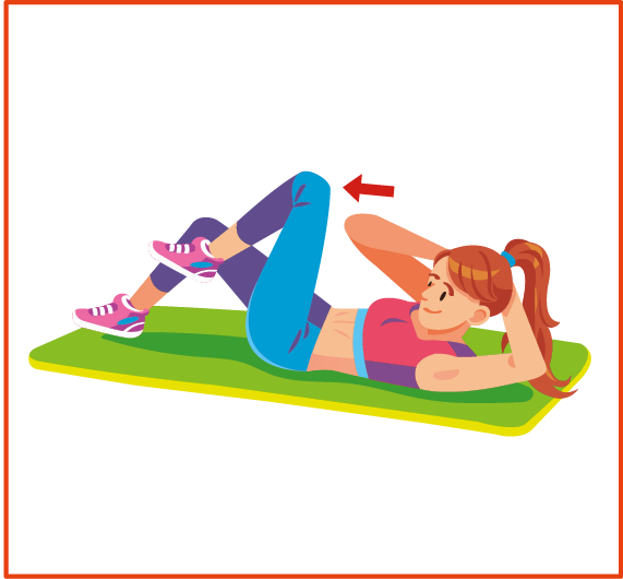 ILUSTRAÇÃO. Exercício B: Mulher de top rosa, calça azul e tênis rosa. Ela está com as costas apoiadas em um colchonete, o joelho esquerdo dobrado para cima e as duas mãos atrás da cabeça, que está levantada.