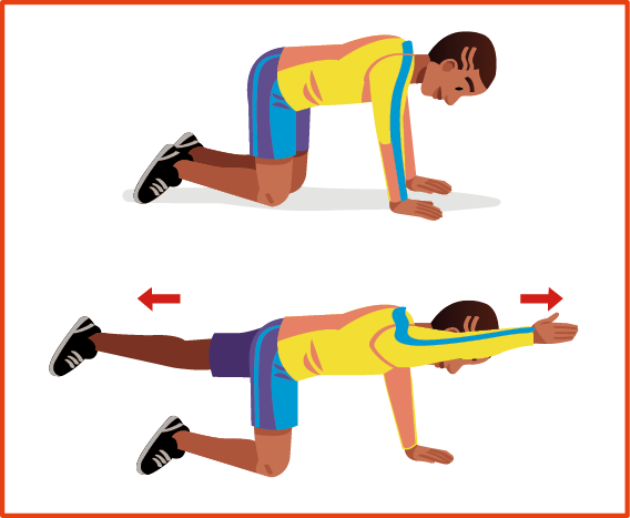 Ilustração. Exercício D: Homem usando blusa amarela, bermuda azul e tênis pretos. Ele está de joelhos, as mãos apoiadas no chão e os pés para trás. Em seguida, ele estica a perna esquerda para trás e o braço direito para frente.