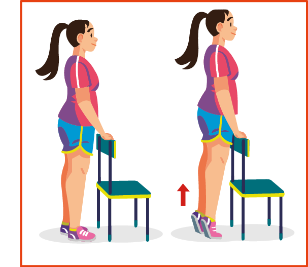 ILUSTRAÇÃO. Exercício E: Mulher de camiseta rosa, short azul e tênis rosa. Ela está em pé, atrás de uma cadeira, com as mãos na parte de cima do encosto. Em seguida, ela ergue os calcanhares.