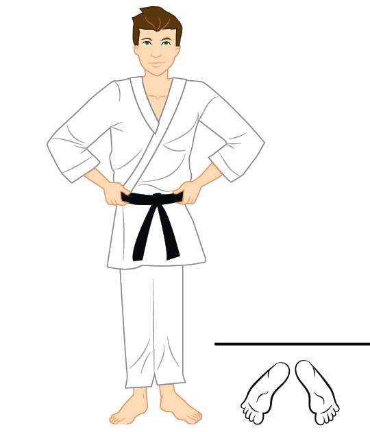 Ilustração. Homem de quimono branco, faixa preta na cintura em pé e com as duas mãos na cintura. Ao lado há uma linha preta com a marca de dois pés lado a lado na frente da linha.