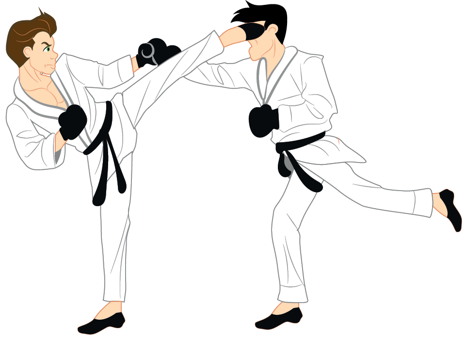 Ilustração. Dois homens de quimono branco com faixa preta na cintura. Um deles está com a perna esquerda esticada com a ponta do pé na cabeça do outro homem, que está com a perna esquerda para trás.
