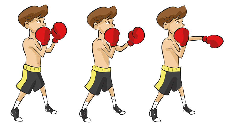 Ilustração. Principais movimentos do boxe.
1. Menino usando calção preto e amarelo, tênis pretos, luvas vermelhas gira o quadril e estende o braço esquerdo à frente, virando-o com a palma da mão para baixo.