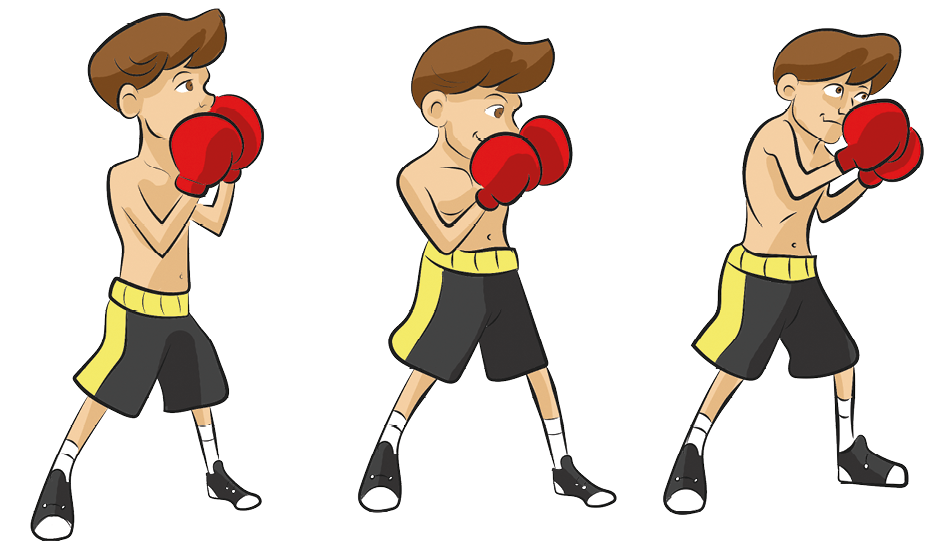 Ilustração. Principais movimentos do boxe.
6. O menino semiflexiona os joelhos e faz uma rotação do quadril para os lados direito e esquerdo.