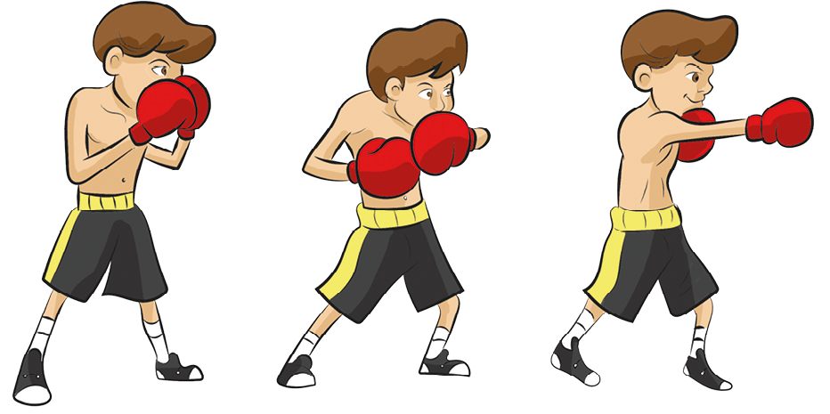 Ilustração. Principais movimentos do boxe.
2. O menino faz os mesmos movimentos, agora usando o braço direito.