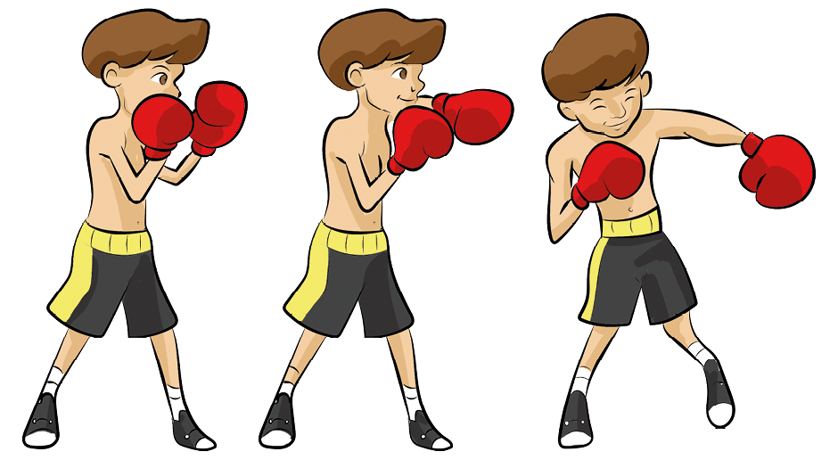 Ilustração. Principais movimentos do boxe.
4. O menino aplica o golpe, desferido de baixo para cima com a palma da mão virada para dentro.