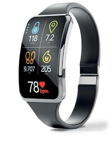 Fotografia. Smartwatch com
contador de passos. Relógio com um visor retangular com ícones coloridos e informações como o número de passos dados e os batimentos cardíacos.