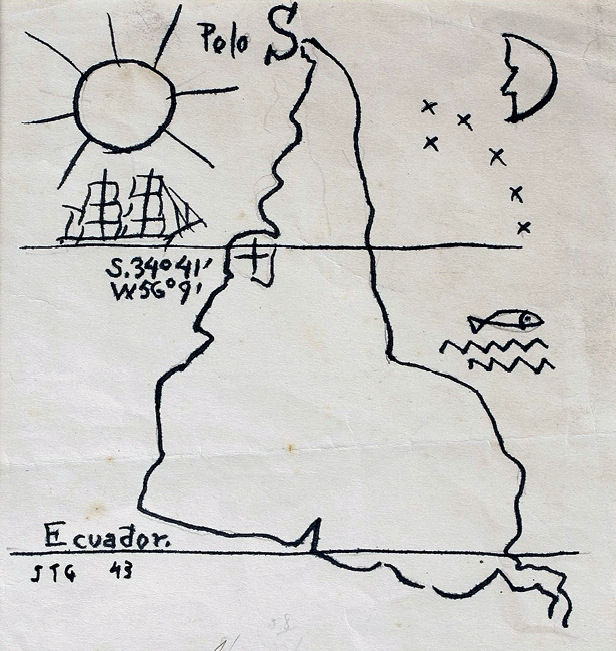 Desenho. O mapa da América do Sul é mostrado invertido, com a ponta sul voltada para cima, e o extremo norte voltado para baixo. No alto, está escrito: 'Polo S'. O mapa é atravessado pelas linhas do Equador e do Trópico de Capricórnio. Em cima, à esquerda da representação da América, vemos o Sol e duas caravelas desenhadas sobre a linha do Trópico de Capricórnio; à direita, a Lua e estrelas. No centro, à esquerda da América, está escrito: 'S. 34º41’ W 56º9’'; à direita, estão desenhados um peixe e ondas. Embaixo, à esquerda, está escrito: 'Ecuador'.