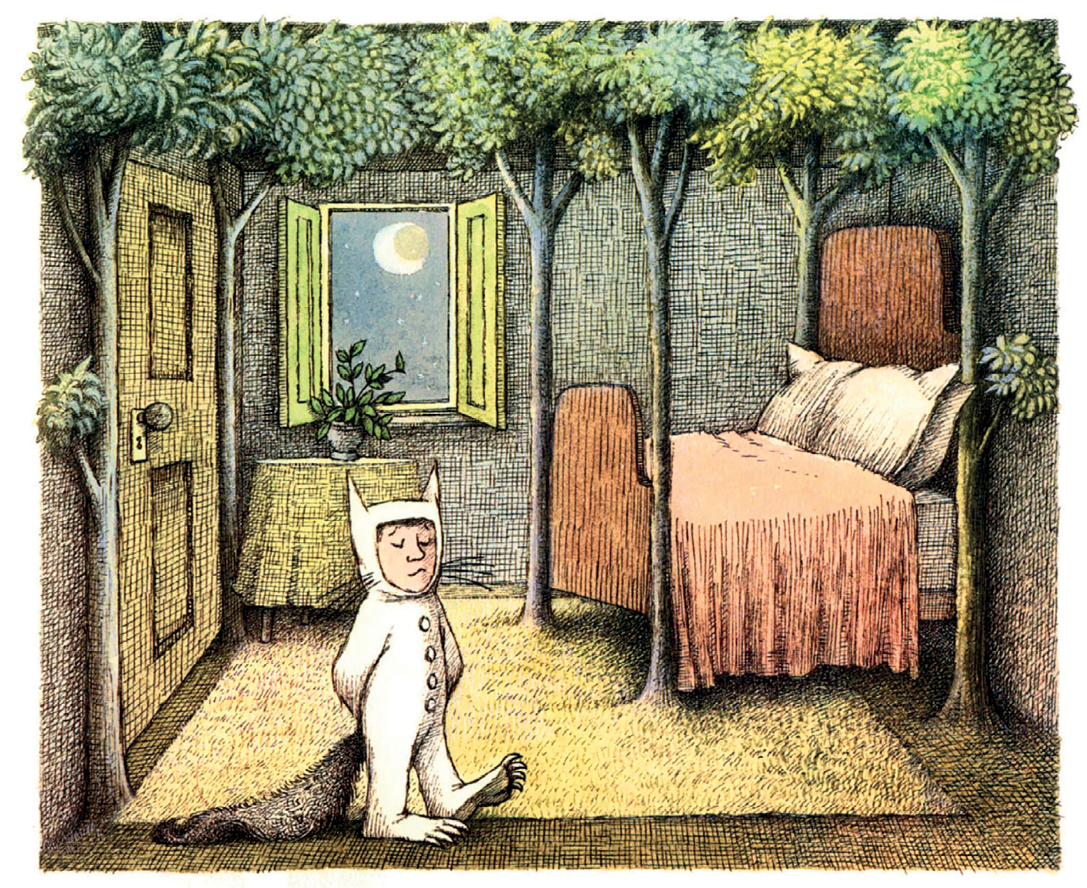 Ilustração. Um quarto com uma janela aberta ao fundo. À esquerda, uma porta e no centro da imagem um menino vestido de lobo. À direita, uma cama com um dossel feito de troncos de árvores. No chão há um tapete e, no teto, as folhas das árvores.