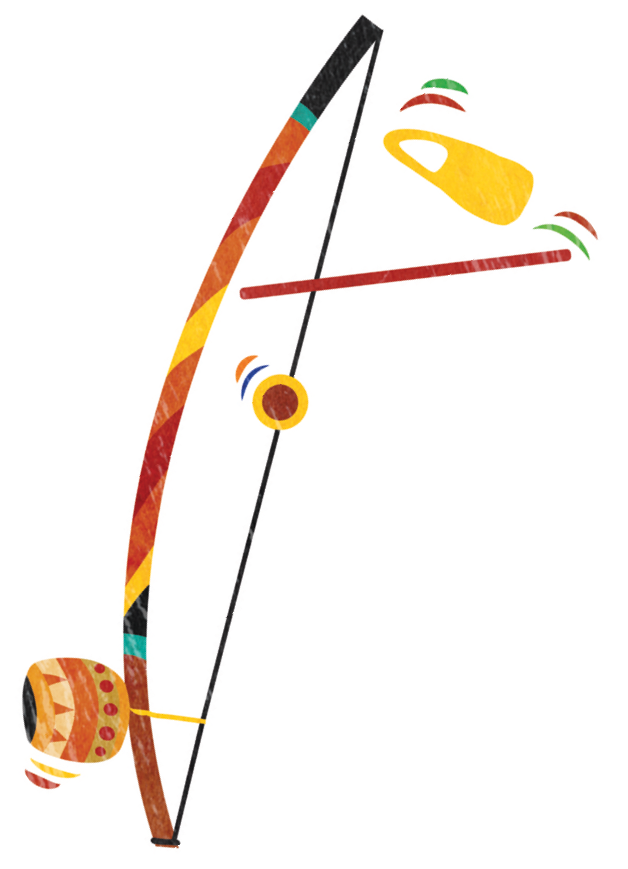 Ilustração. Um berimbau, um arco com uma cabaça, uma baqueta e um caxixi.