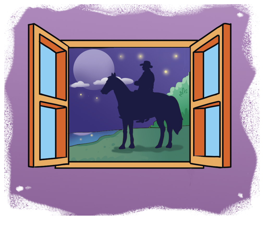 Ilustração. Uma janela laranja aberta. Ao fundo, silhueta de um homem montado em um cavalo, nas margens de um rio com vegetação ao redor. No céu, lua cheia com muitas estrelas.