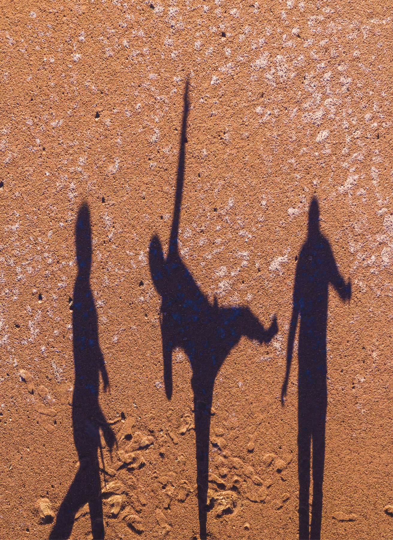 Fotografia. Sombras de três pessoas em movimento sobre um chão de areia.