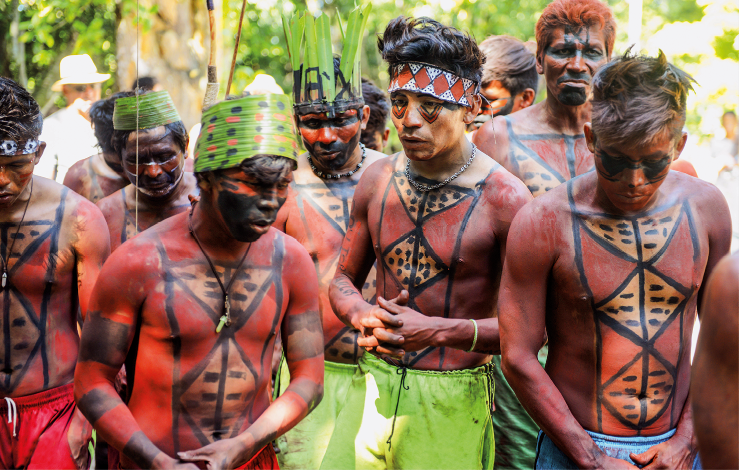 Fotografia. Homens indígenas com o torso nu, com pinturas corporais em tons de preto, vermelho e bege com formas geométricas. Alguns deles usam adereços na cabeça. Ao fundo há vegetação.