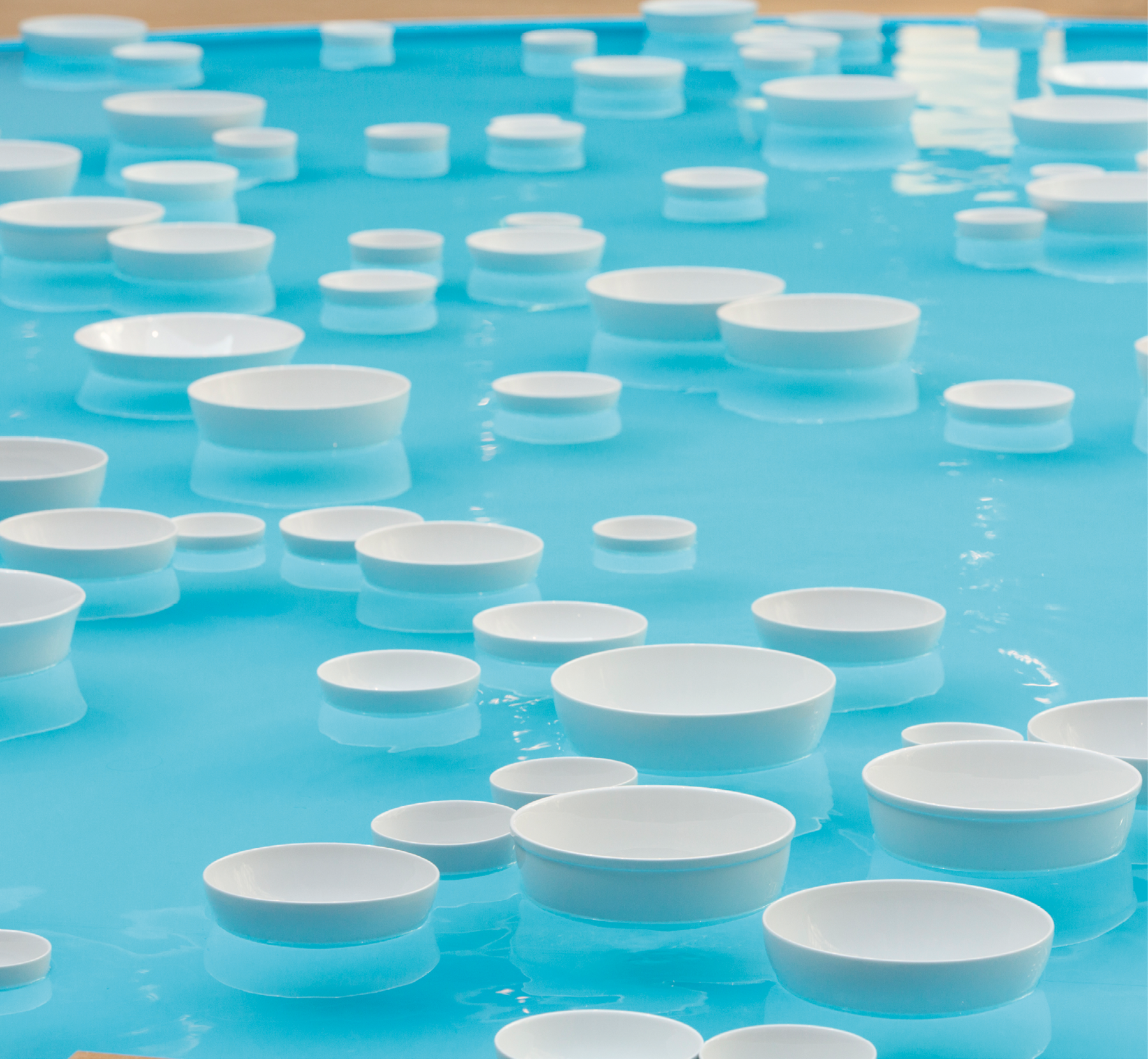 Fotografia. Diversos potes brancos vazios, de tamanhos diferentes, flutuam na superfície da água límpida que preenche um tanque de fundo azul e que reflete a imagem dos potes.