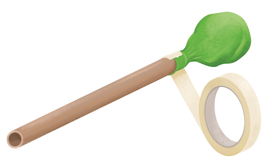 Ilustração. Um tubo fino marrom com uma bexiga verde vazia nele, fixada em uma das extremidades por uma fita crepe bege que se desprende do rolo.