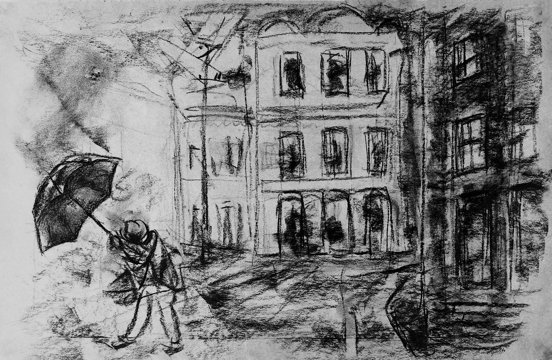 Desenho. Paisagem urbana. À esquerda, uma pessoa segurando um guarda-chuva em uma rua. Ela está inclinada. Ao fundo, uma rua vazia e um prédio com janelas.