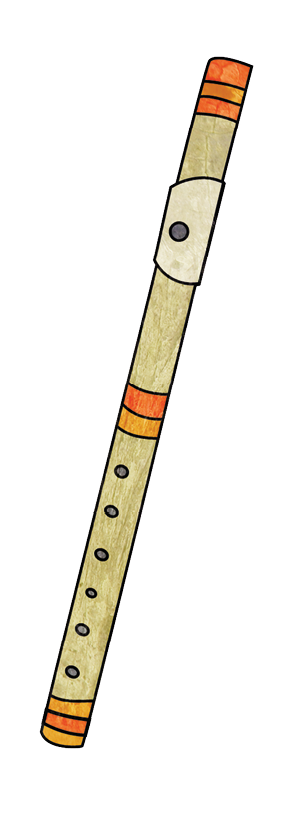 Ilustração. Desenho de um pífano, uma pequena flauta cinza com detalhes amarelos e vermelhos nas extremidades e no centro. Ela tem sete furos, um maior próximo à uma das extremidades e outros seis menores no corpo do instrumento.
