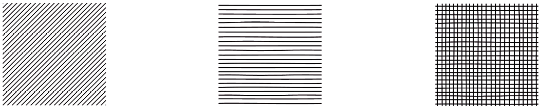 Hachuras. Um quadrado preenchido com linhas oblíquas paralelas a uma das diagonais, inclinadas de modo ascendente da esquerda para a direita.Hachuras. Um quadrado preenchido com linhas horizontais, paralelas às bases. Hachuras. Um quadrado preenchido com linhas horizontais paralelas às bases e linhas verticais paralelas aos lados, formando uma malha quadriculada.