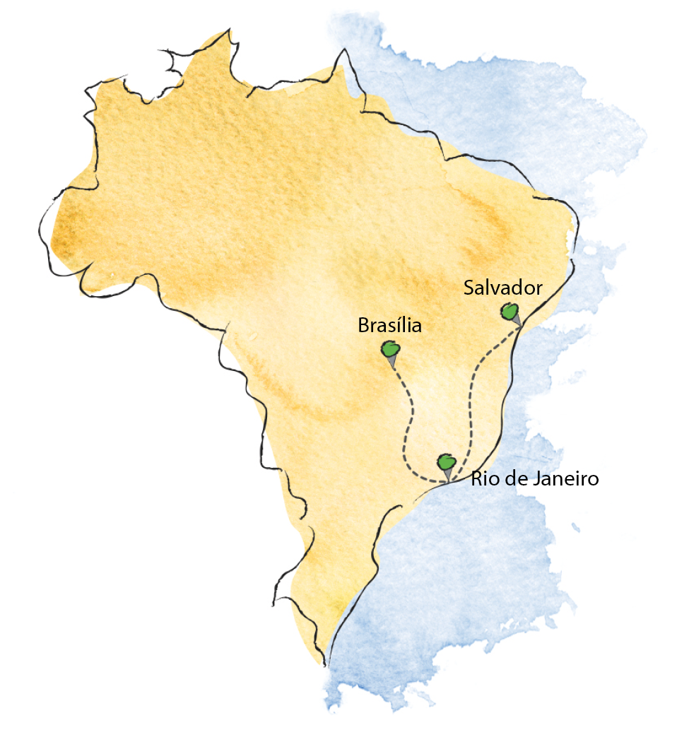 Ilustração. Mapa do território do Brasil contornado de preto e preenchido em cor amarelada, com o Oceano Atlântico em azul. Algumas capitais estão indicadas com pontos verdes, com os nomes "Brasília", "Salvador" e "Rio de Janeiro". Uma linha tracejada indica o trajeto entre essas capitais.