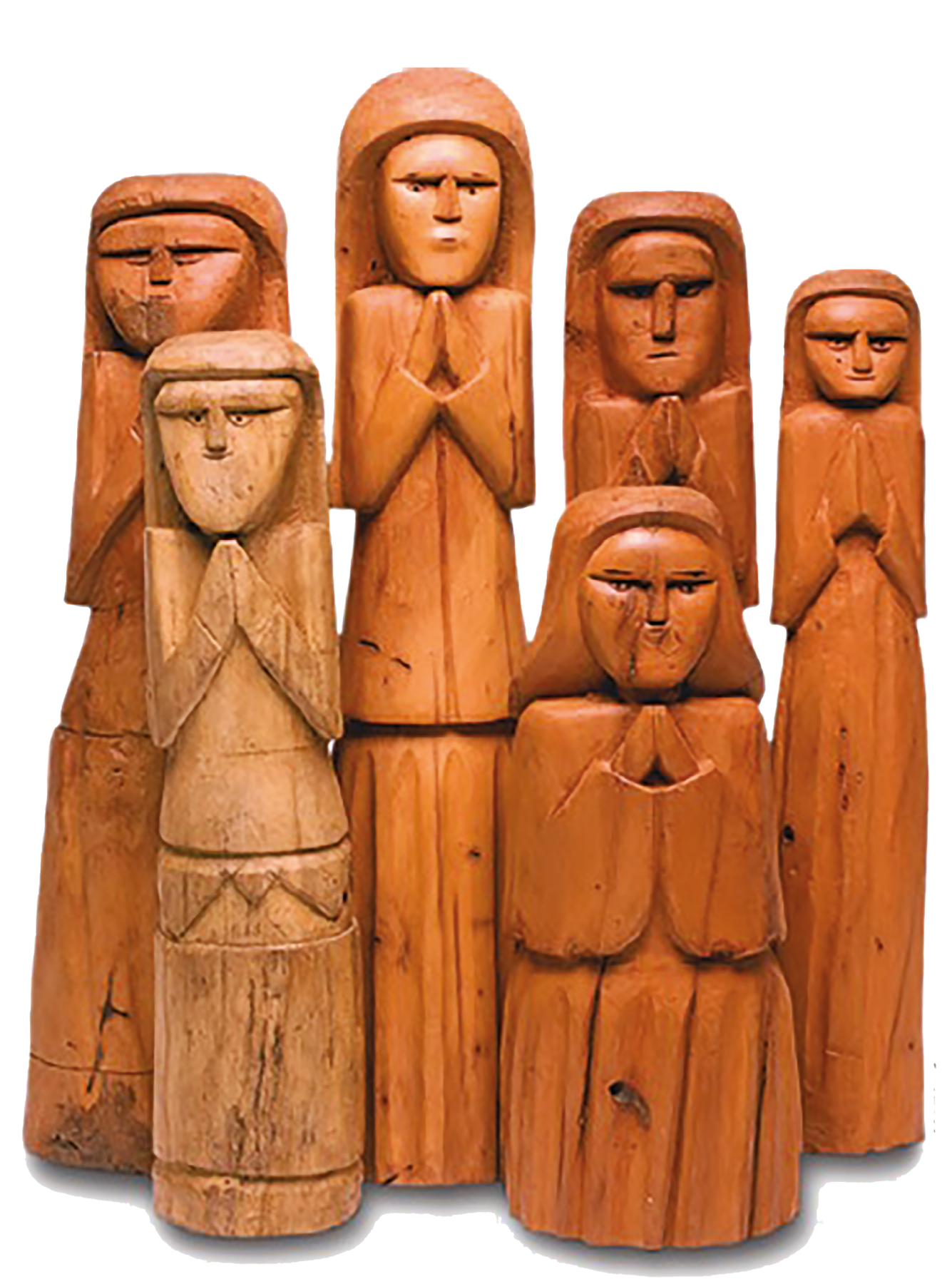 Fotografia. Escultura de madeira representando seis mulheres de alturas e larguras diferentes com as mãos juntas à  frente do corpo e próximas ao queixo, como se estivessem em prece.