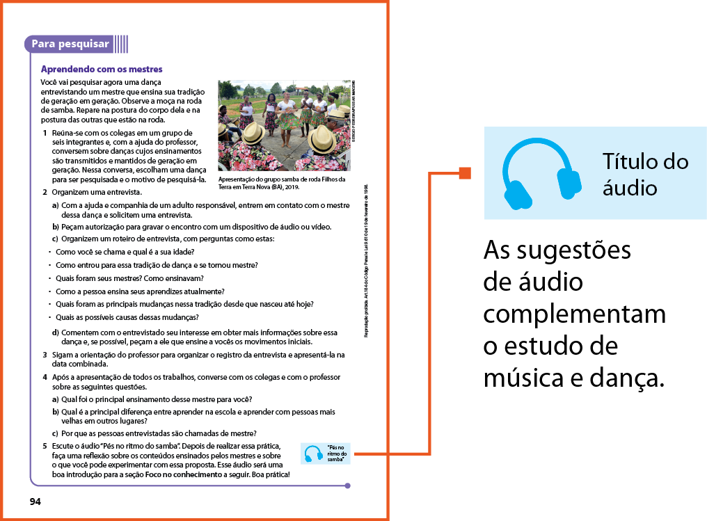 Reprodução em miniatura de página do Livro do Estudante com destaque para a seção Para Pesquisar.
Ilustração. Fone de ouvido azul em fundo azul-claro, que corresponde ao ícone de sugestão de áudio.