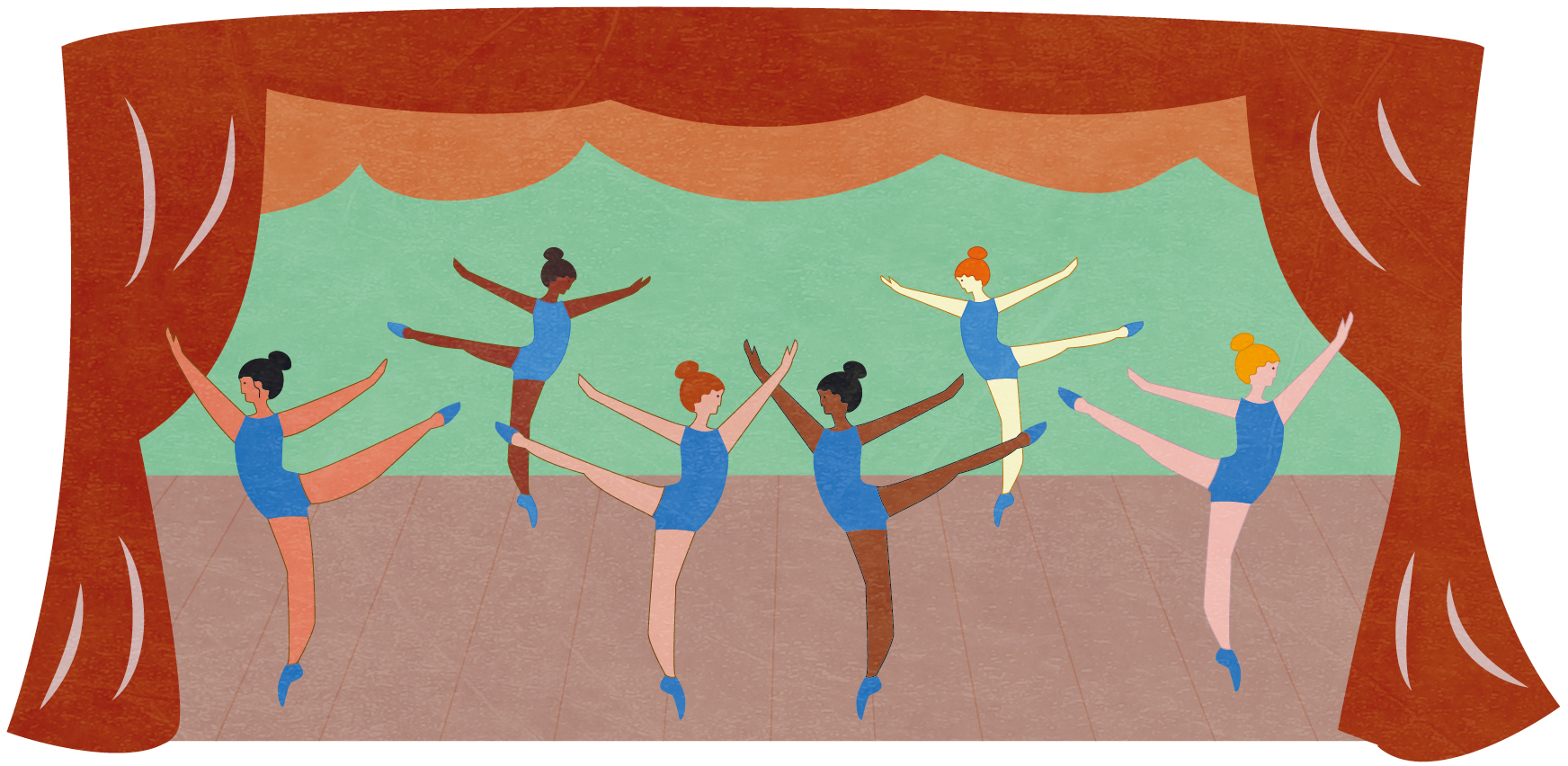 Ilustração. Sobre um palco, usando maiôs azuis, seis bailarinas fazem movimentos identicos: equilibrando-se na ponta dos pés, elas  levantam uma das pernas e esticam os braços para o alto. Todas estão com os cabelos presos em coque.