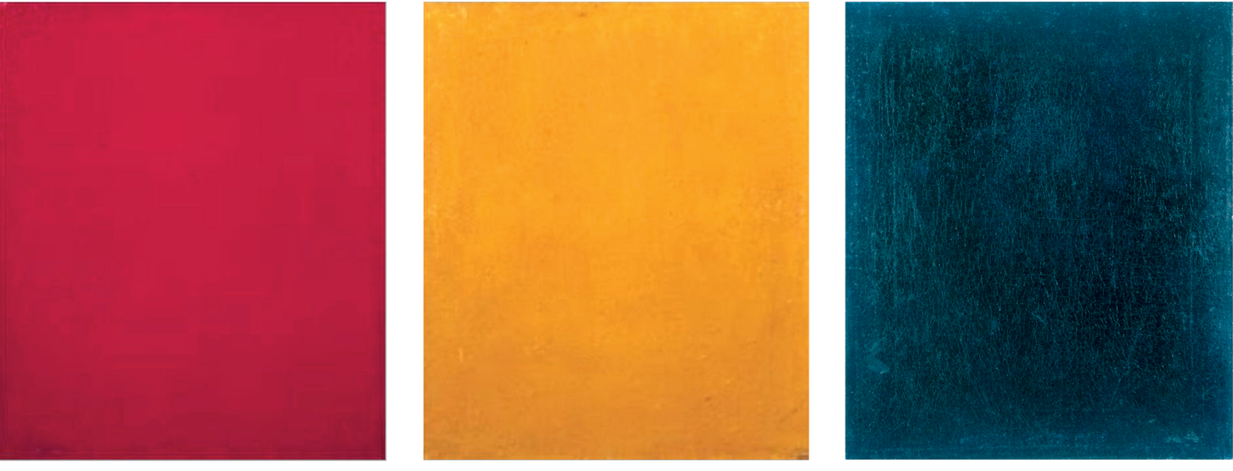 Ilustração. Três retângulos com texturas, um ao lado do outro. Da esquerda para a direita: um retângulo vermelho, um retângulo amarelo e um retângulo azul.