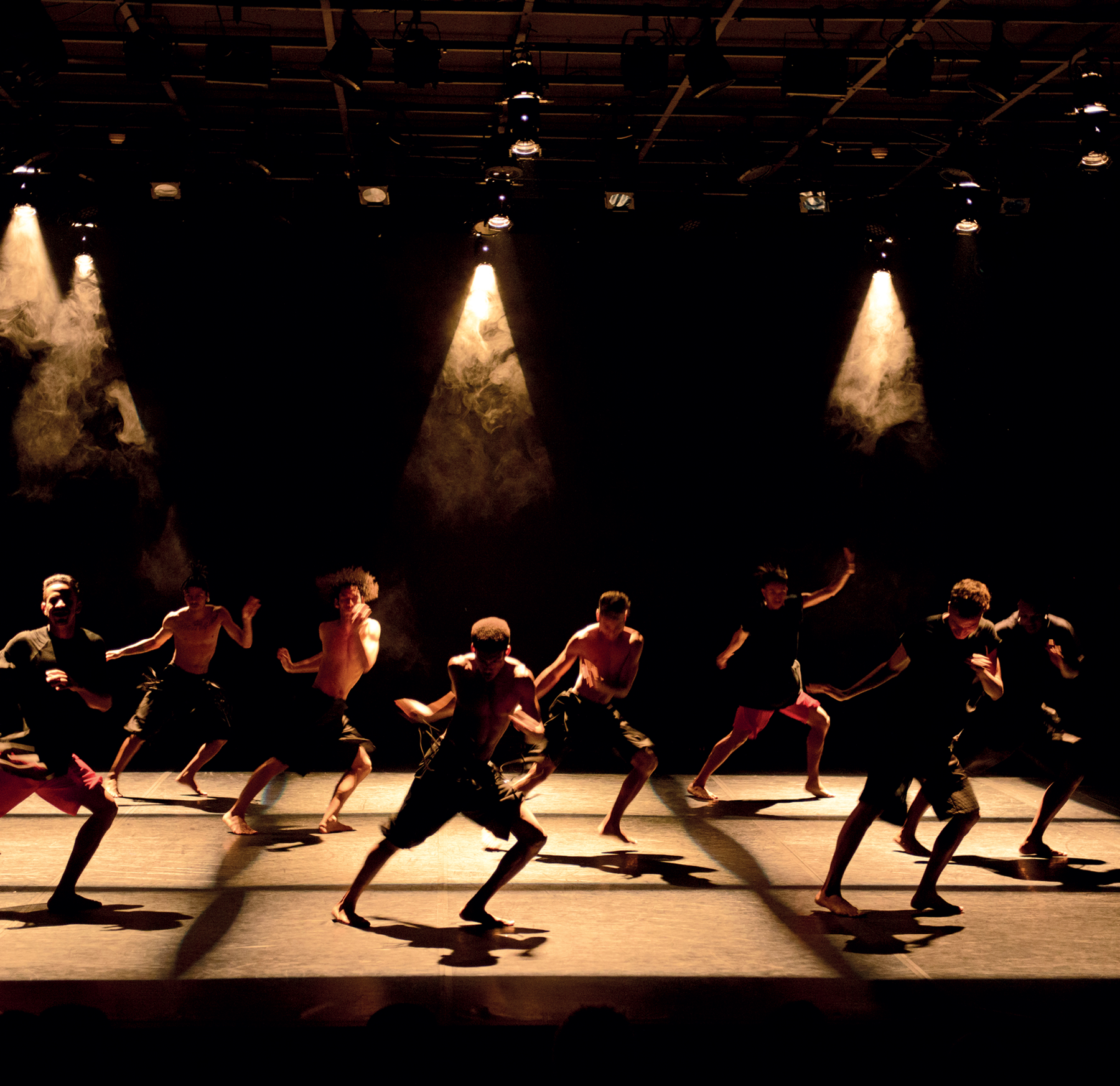 Fotografia. Sobre um palco, um grupo de oito jovens bailarinos faz o mesmo movimento, com as pernas afastadas e flexionadas e os braços flexionados. No teto, há refletores que jogam sobre os bailarinos feixes de luz.