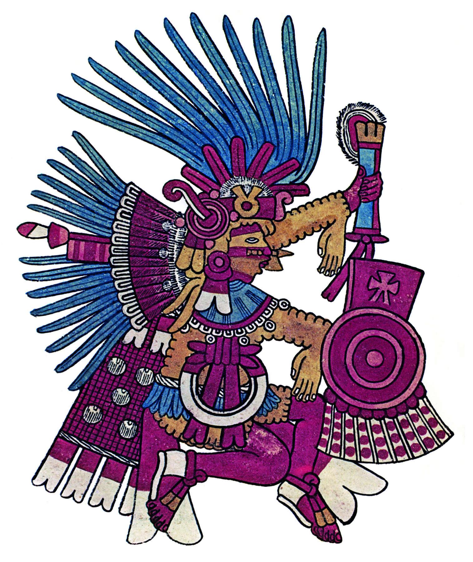 Ilustração. Deus asteca vestido e ornamentado com roupas na cor vinho e muitas penas azuis. Está com o corpo virado de lado. Tem pinturas nas mesmas cores da roupa no rosto.