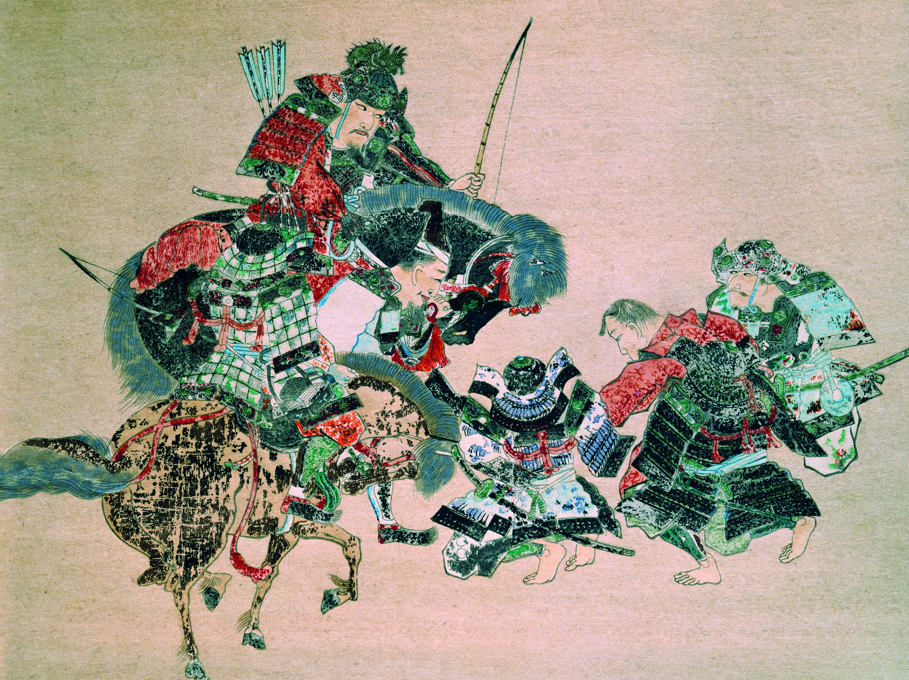 Ilustração. À esquerda, dois samurais montados a cavalo segurando espadas. À frente deles, homens representando os soldados mongóis. Um deles está caído no chão.