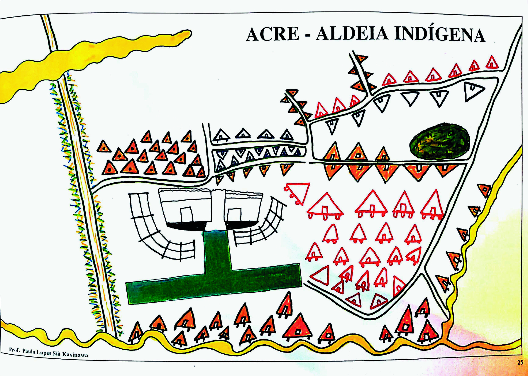 Ilustração. Na parte superior, o título: Acre, aldeia indígena. Ao centro, duas grandes construções retangulares com cercas em forma de arco. Ao redor, diversas habitações triangulares, conectadas por caminhos representados nas cores branca e amarela.
