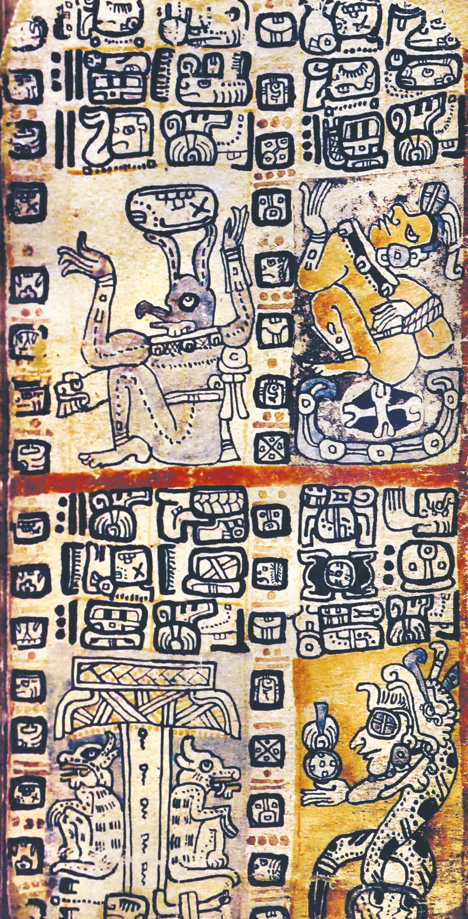 Fotografia. Folha de papel vertical com ilustrações divididas em quatro partes. Em cada uma delas, a representação de uma criatura diferente. Acima, à esquerda, um ser com grandes orelhas, bico, braços e pernas. À direita, um ser com rosto humano e corpo retorcido. Abaixo, à esquerda, dois seres com rosto e corpo de animal, sentados de costas um para o outro. À direita, uma grande serpente com rosto humano.  Ao redor de cada uma das criaturas, diversos símbolos da escrita maia agrupados.