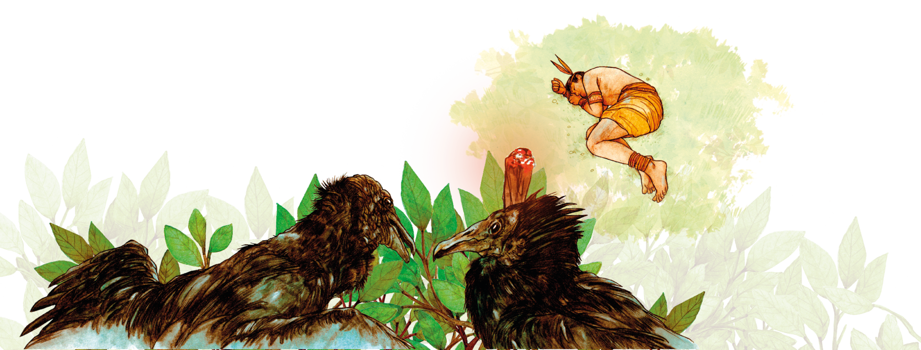 lustração. Duas aves pretas no topo de uma árvore. Próximo a elas, uma tocha com fogo. Ao fundo, um jovem indígena deitado no chão, com as pernas encolhidas.