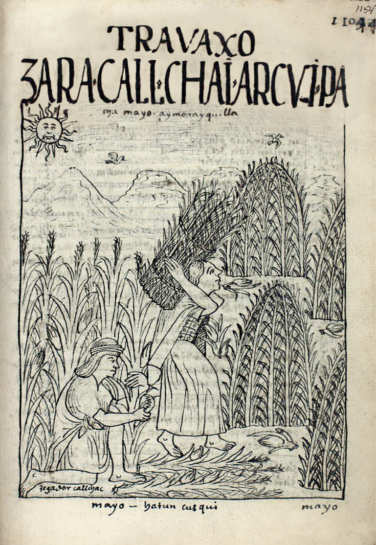 Gravura em preto e branco. Duas pessoas com trajes incas na colheita de cereais. No alto, inscrições em outro idioma.