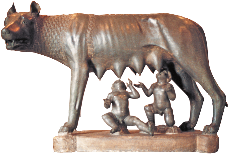 Escultura. Estátua de bronze de uma loba, amamentando duas crianças pequenas.